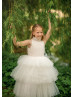 High Collar Ivory Tulle Layered Pearl Embellished Flower Girl Dress